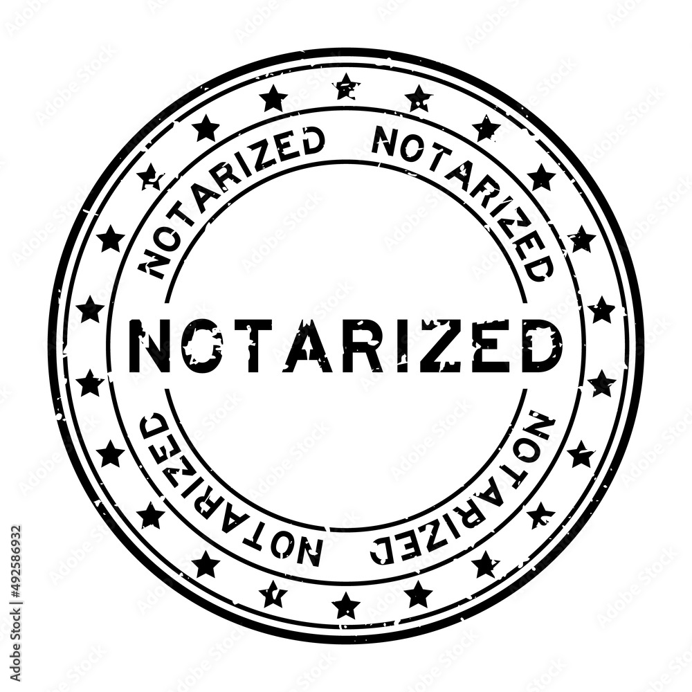 Grunge black notarized word with star icon round rubber seal stamp on white background