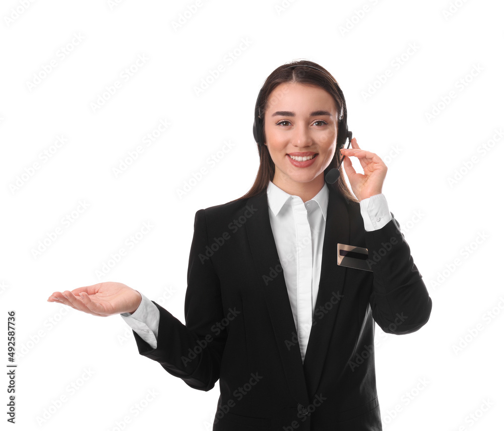Portrait of receptionist with headset on white background Portrait of receptionist with headset on white background
