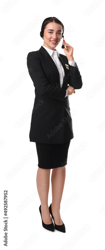 Full length portrait of receptionist with headset on white background Full length portrait of receptionist with headset on white background