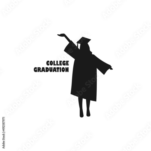 College graduation. Standing female graduate black vector silhouette illustration.