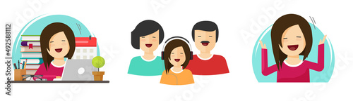 Happy fun family vector or group of people flat isolated, young child pupil study and smiling, girl person wow excited or success scholarship portrait, positive cute kid surprised illustration