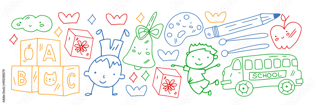 Creativity and imagination. Vector icons with school items.