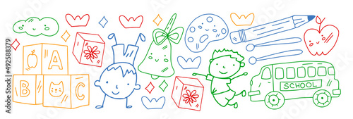 Creativity and imagination. Vector icons with school items.
