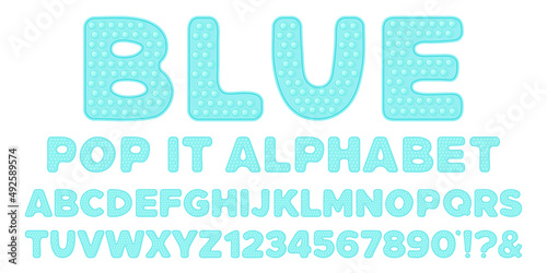 Pastel blue popit alphabet and numbers set in fidget toy style. Pop it font design as a trendy silicone toy for fidget in delicate color. Bubble sensory letter as popit. Isolated cartoon vector