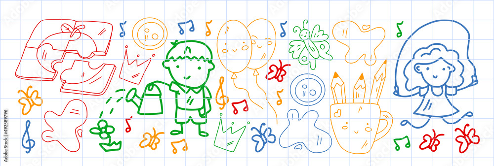 Creativity and imagination. Vector icons with school items.