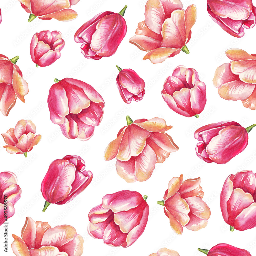Watercolor tulips. Seamless pattern. Hand-painted