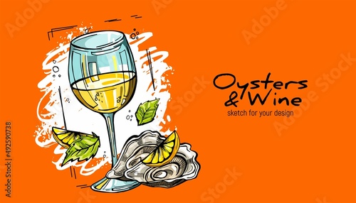 A glass of white wine and mussels. A delicacy for dinner.Hand drawn vector sketch.