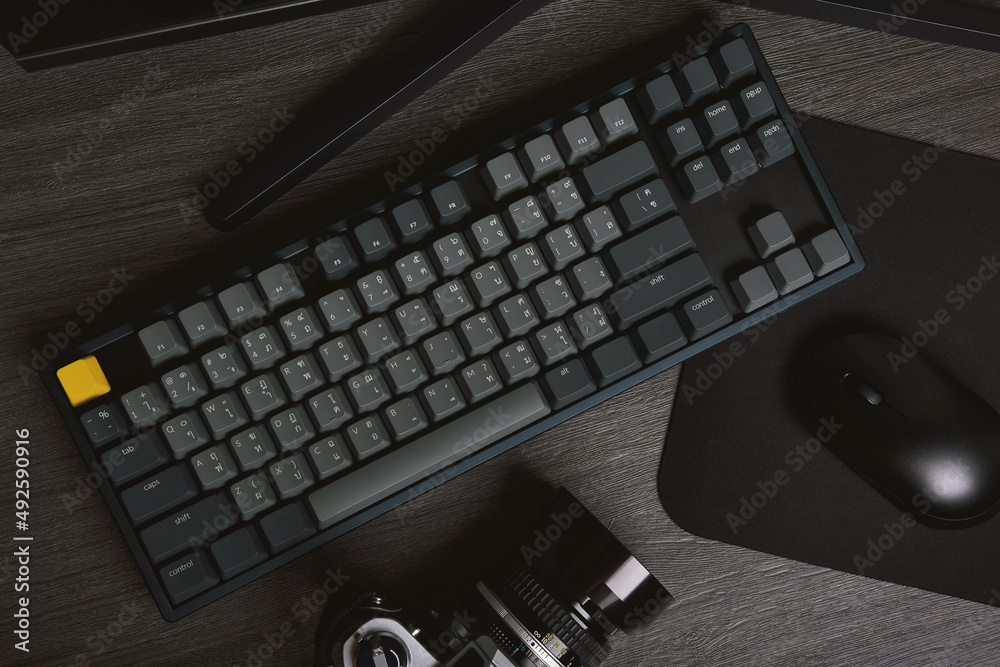 Custom mechanical keyboard, Aluminium case with keycaps, Gaming keyboard  and workspace for Gamer Stock-Foto | Adobe Stock