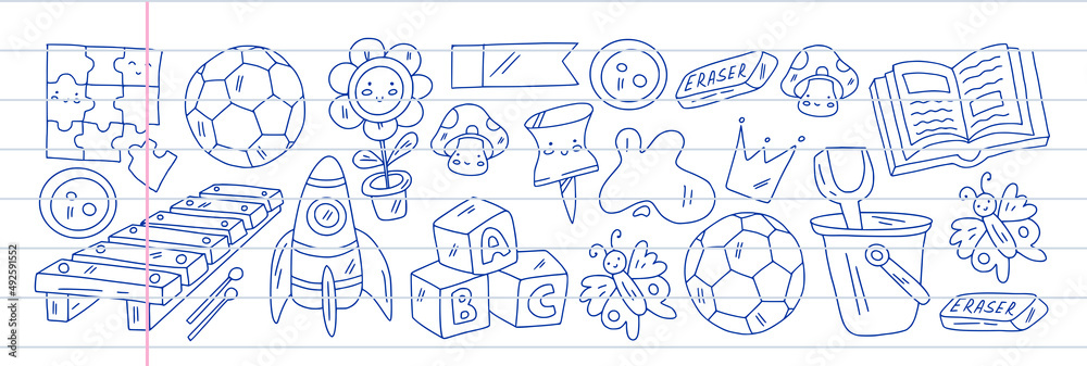 Creativity and imagination. Vector icons with school items.