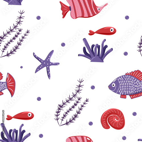 Underwater sea seamless pattern with starfish, shell, bubble, fish, seaweed for wrapping, textile, nursery, print.