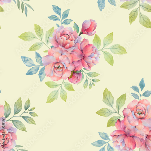 Seamless botanical ornament. Watercolor peony flowers collected in a seamless pattern. Elegant bouquet of peony flowers with leaves on a delicate background.