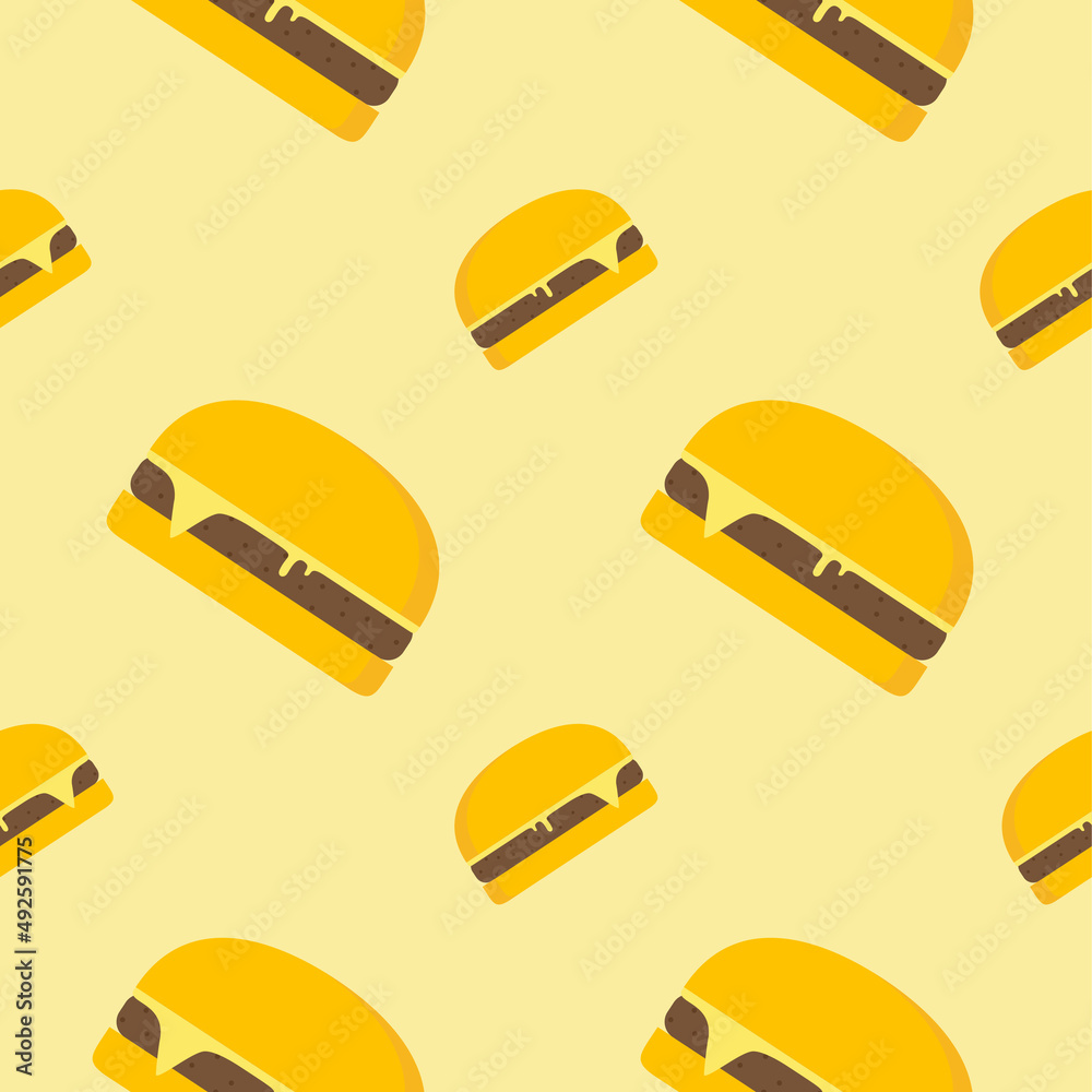 Fototapeta Hamburger seamless patten flat design vector illustration. Fast food hand drawn seamless pattern backgroundKeywords: