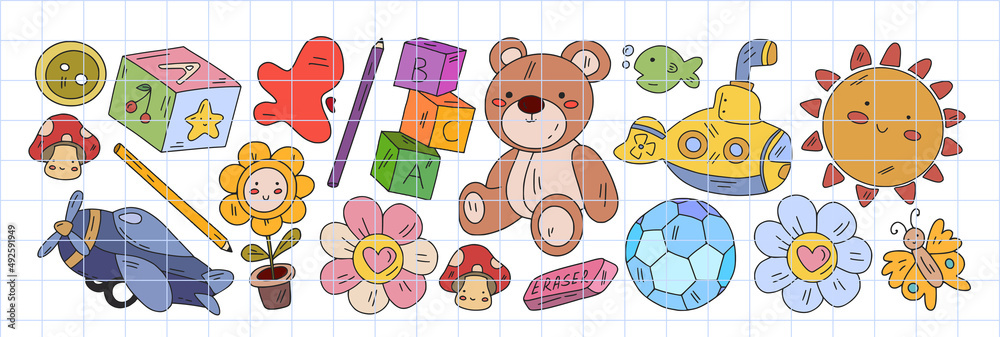 Creativity and imagination. Vector icons with school items. Creativity and imagination. Vector icons with school items.