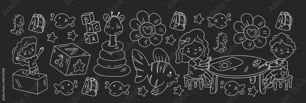 Creativity and imagination. Vector icons with school items. Creativity and imagination. Vector icons with school items.
