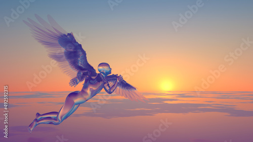 3d illustration of an angel's flight against the background of sunrise
