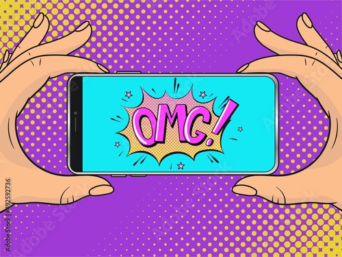 Smartphone with OMG speech bubble. Vector illustration in pop art style