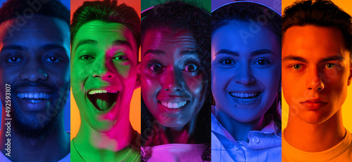 Set of closeup portraits of young excited multiethnic people on multicolored background in neon. Concept of human emotions, facial expression, sales.