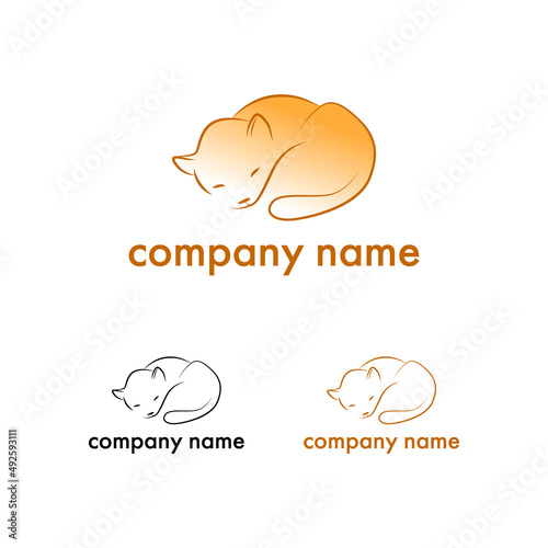fat pretty cartoon ginger cat lying with pet shop lettering in hand. Logo icon design template. Abstract concept for pet shop or veterinary.