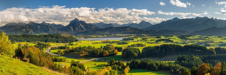 Sierkussen Foto's beautiful rural landscape in Bavaria with mountain range and meadow at springtime  © Wolfilser