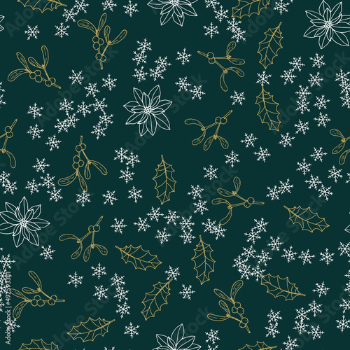 Christmas seamless pattern with holly and mistletoe leaves and berries