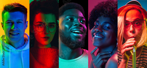 Diversity. Set of closeup portraits of young excited multiethnic people on multicolored background in neon. Concept of human emotions, facial expression, sales. #492593331