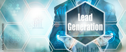 A Lead Generation business word concept on a futuristic blue display.