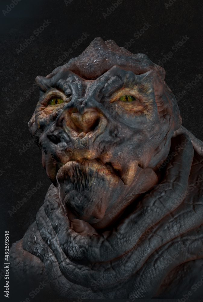 Alien creature with rough blue skin and saggy neck folds - digital fantasy 3d illustration
