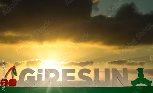 Giresun city, City of Giresun text with cherry and hazelnut symbol on sunset photo