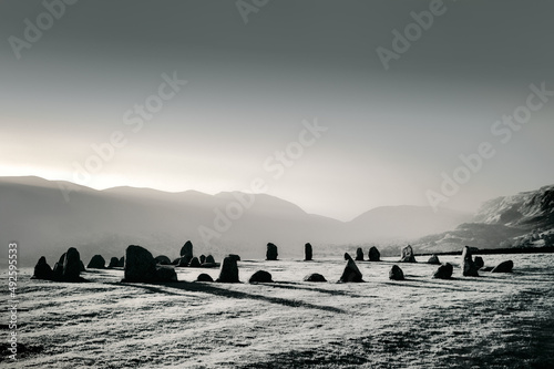 Castlerigg prehistoric stone circle near Keswick.  Lake District National Park, Cumbria, England. Sunrise. Looking south photo