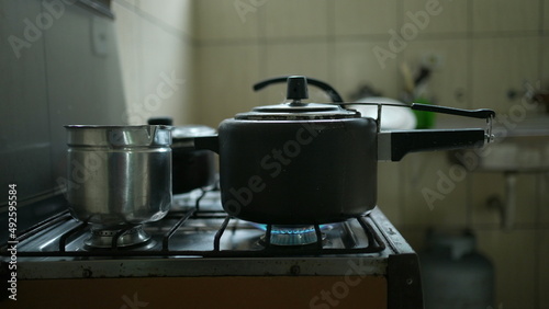 Cooking pan on stove in a South American kitchen