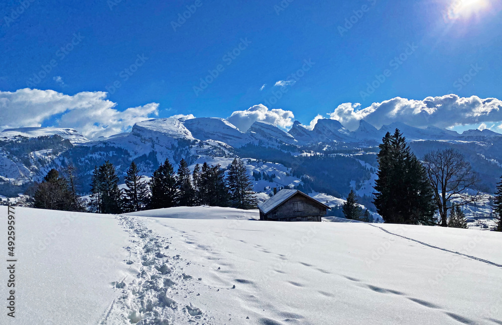 Snowy peaks of the Swiss alpine mountain range Churfirsten (Churfürsten or Churfuersten) in the Appenzell Alps massif - Unterwasser, Switzerland (Schweiz)