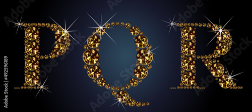 Diamond alphabet letters. Stunning beautiful PQR jewelry set in gems and silver. Vector eps10 illustration.