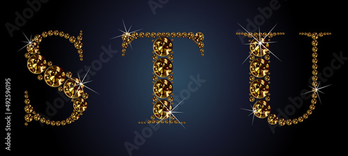 Diamond alphabet letters. Stunning beautiful S, T, U, jewelry set in gems and silver. Vector eps10 illustration.