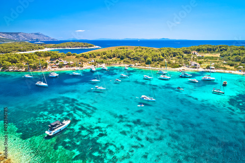 Pakleni otoci Marinkovac island turquoise bay yachting destination aerial view, Hvar island photo