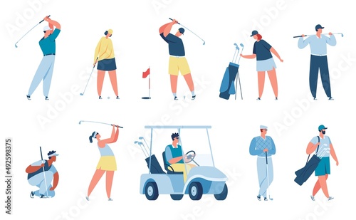 People playing golf, golfer characters with golfing equipment. Men and women golfers hitting ball, driving cart, sport activity vector set. Outdoor hobby or training, leisure activity