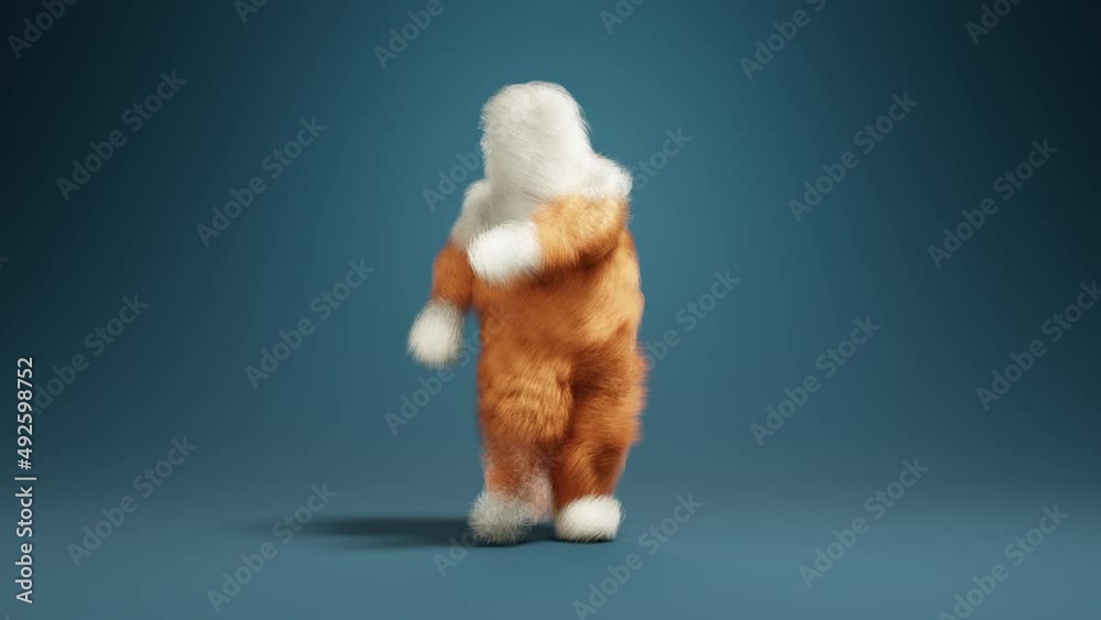 3D animation of a furry mascot dancing Twist. Digital render.