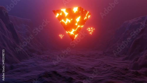 4K 3D animation. Men standing in front of a big portal to another dimension, against a glowing universe of energy. Space Travel Man Inside Dark Corridor. A science fiction, mystical concept