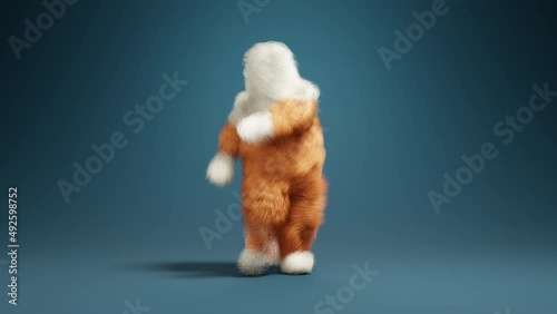 3D animation of a furry mascot dancing Twist. Digital render.