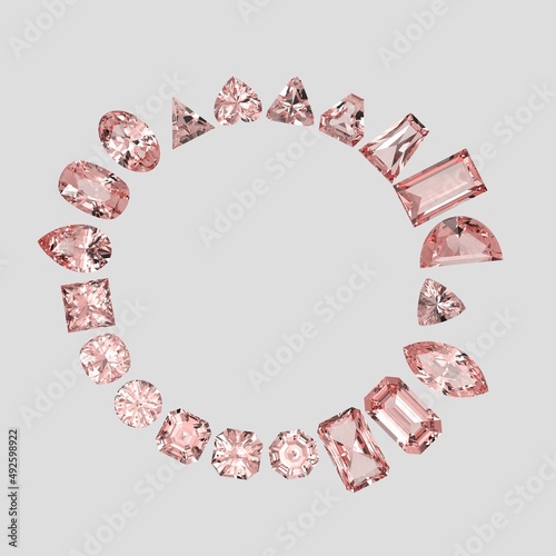 rose quartz color stone in all gem shapes 3D render photo