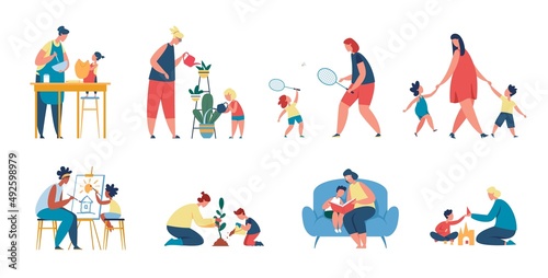 Mother and child spend time together, mom and daughter cooking, painting. Mothers and sons reading, playing, family activities vector set. Motherhood concept, family leisure activities