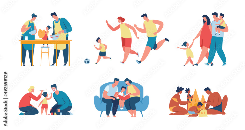 Happy parents and kids spending time together, family activities. Father, mother and child cooking food, playing, reading books vector set. Characters having recreation and fun, doing sport Happy parents and kids spending time together, family activities. Father, mother and child cooking food, playing, reading books vector set. Characters having recreation and fun, doing sport