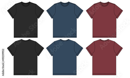 Black navy blue and red color Short sleeve Basic T shirt overall technical fashion flat sketch vector illustration template front and back views. Apparel clothing mock up for men's and boys.