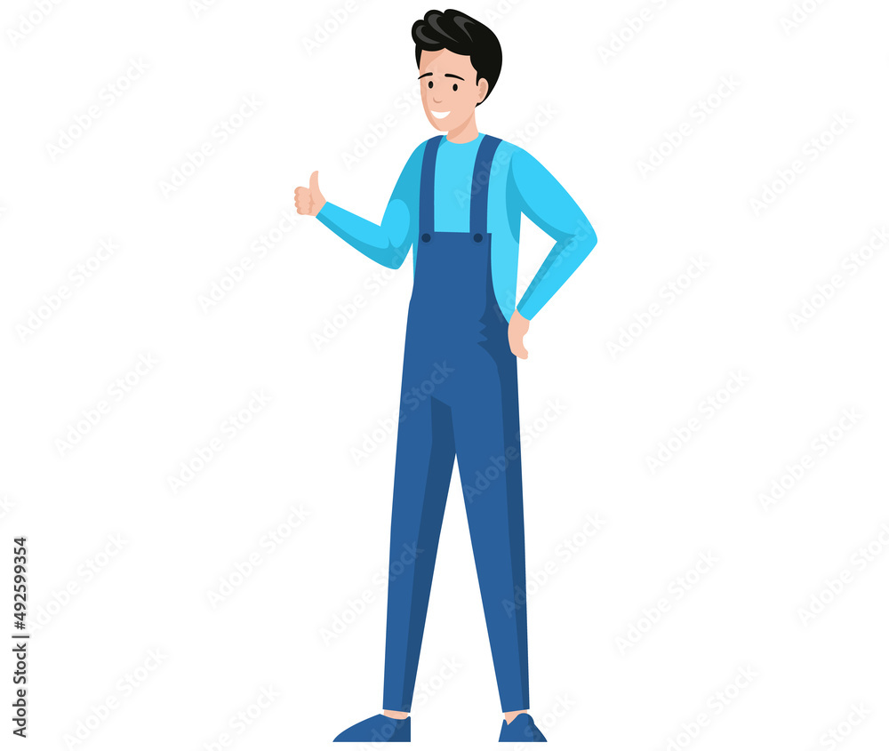 Man in pants with suspenders shows thumb up. Sign cool, gesture of approval. Smiling guy stand with raised hand. Positive male character showing gesture vector illustration. Like, nice, cool, thumb up