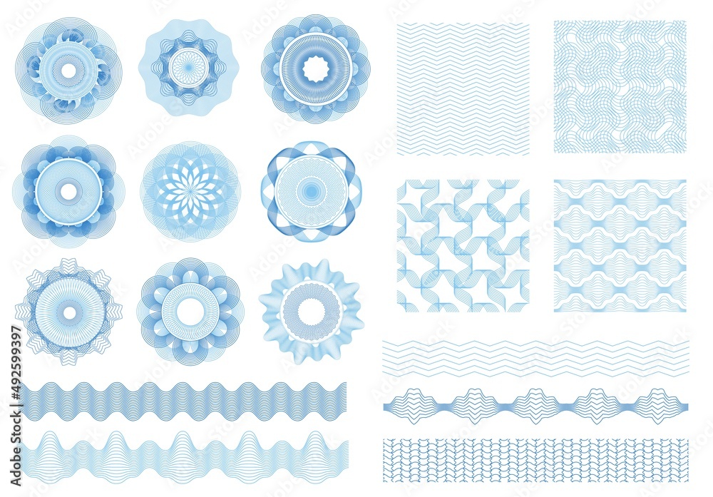 Guilloche rosettes, borders, seamless patterns, money watermarks. Guilloches elements, banknote and certificate security watermark vector set. Abstract shapes for legal documents protection