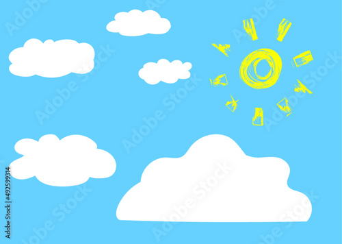 Strahlende Sonne und weiße Wolken am blauen Himmel, Vektorillustration