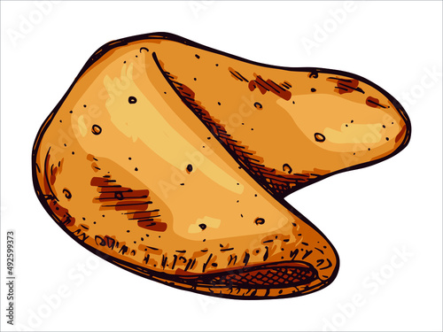 Vector hand drawn chinese fortune cookies isolated on white backgrounds. Food illustration. Crisp cookie with a blank piece of paper inside. For print, web, design, decor, logo.