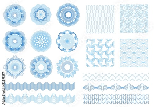 Guilloche rosettes, borders, seamless patterns, money watermarks. Guilloches elements, banknote and certificate security watermark vector set. Abstract shapes for legal documents protection