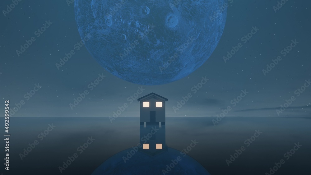 4K 3D animation. Full moon behind the hill top house, standing in the ...