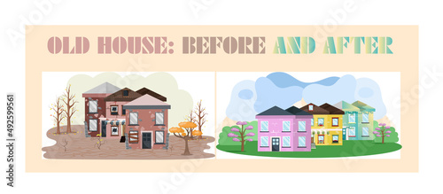 Home renovation, house before and after repair. New and old suburban cottage. Remodel construction. Old run-down house remodeled into cute traditional suburban cottage. Building maintenance service