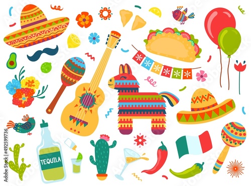 Mexican doodle elements, cinco de mayo festival decorations. Mexico holiday symbols and food, tequila, pinata, sombrero, guitar vector set. Traditional celebration with funny objects